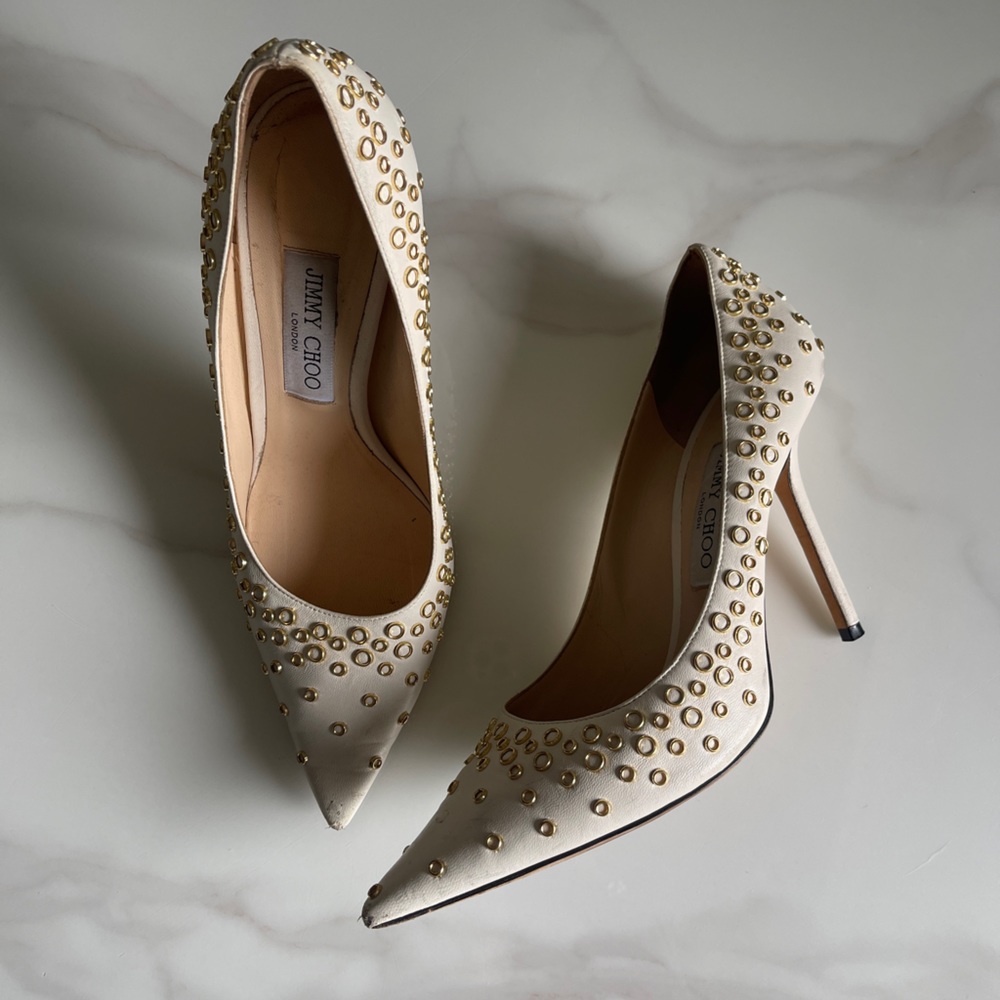 Jimmy Choo White leather and gold ring heels